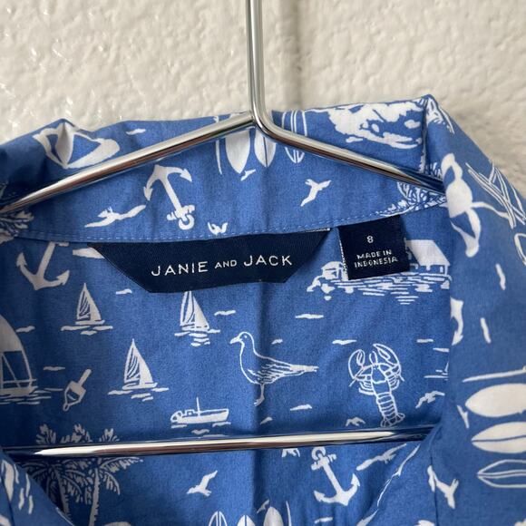 Janie & Jack Button Up Collared Hawaiian Shirt blue white print short sleeve - Picture 4 of 5